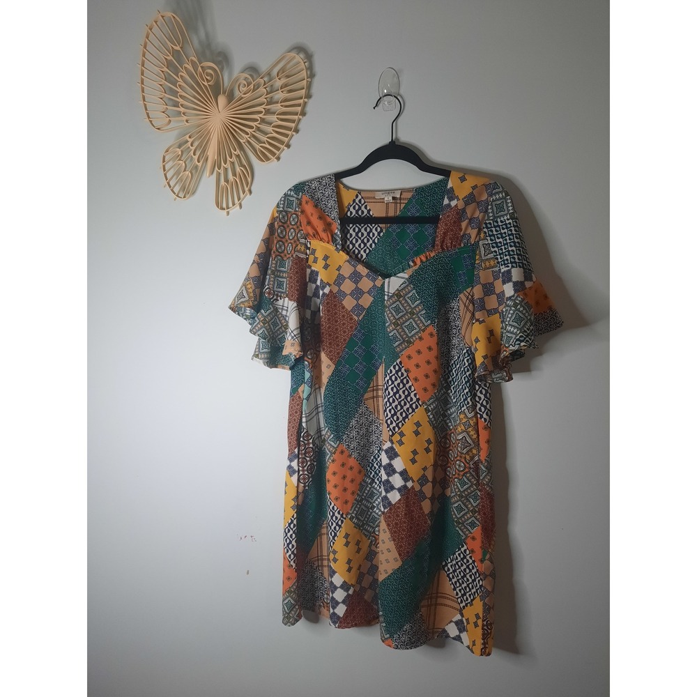 Umgee USA Patchwork Print V-Neck Ruffle Sleeve Shift Dress Multicolor Small